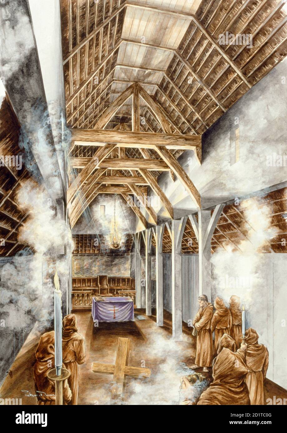 LINDISFARNE PRIORY, Northumberland. Rekonstruktionszeichnung von Peter Dunn (English Heritage Graphics Team) der sächsischen Kirche 652 n. Chr. Stockfoto LINDISFARNE PRIORY, Northumberland. Rekonstruktionszeichnung von Peter Dunn (English Heritage Graphics Team) der sächsischen Kirche 652 n. Chr. Stockfoto