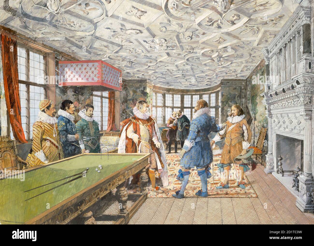 KIRBY HALL, Northamptonshire. Innenansicht. Der große Rückzug Zimmer, wie es im frühen 17. Jahrhundert erschienen sein könnte. Rekonstruktionszeichnung von Ivan Lapper. Stockfoto KIRBY HALL, Northamptonshire. Innenansicht. Der große Rückzug Zimmer, wie es im frühen 17. Jahrhundert erschienen sein könnte. Rekonstruktionszeichnung von Ivan Lapper. Stockfoto