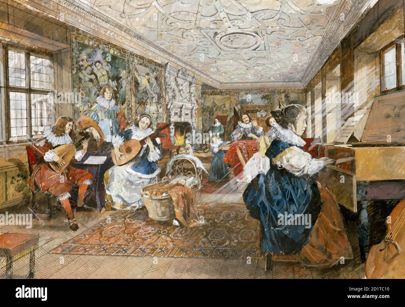 KIRBY HALL, Northamptonshire. Innenansicht. Die große Kammer, wie sie im frühen 17. Jahrhundert erschienen sein könnte. Rekonstruktionszeichnung von Ivan Lapper. Stockfoto KIRBY HALL, Northamptonshire. Innenansicht. Die große Kammer, wie sie im frühen 17. Jahrhundert erschienen sein könnte. Rekonstruktionszeichnung von Ivan Lapper. Stockfoto