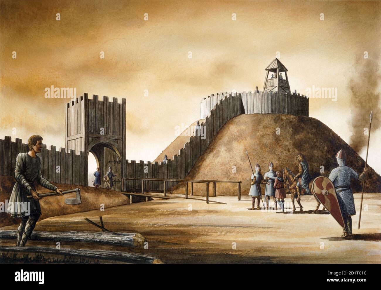 PICKERING CASTLE, North Yorkshire. Motte und bailey (Holzburg). Rekonstruktionszeichnung von Simon Hayfield. Stockfoto PICKERING CASTLE, North Yorkshire. Motte und bailey (Holzburg). Rekonstruktionszeichnung von Simon Hayfield. Stockfoto