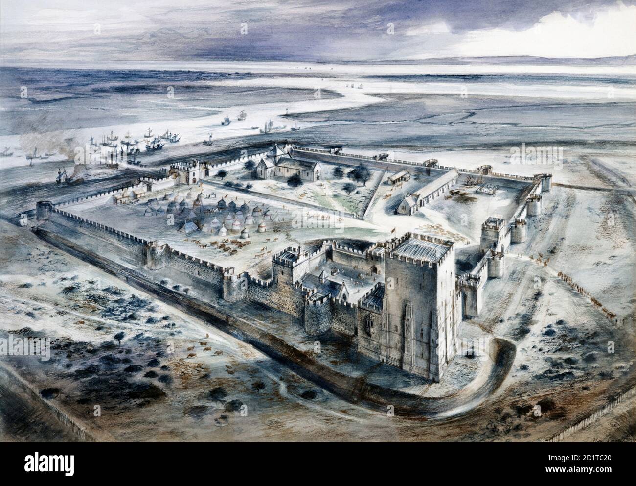 PORTCHESTER CASTLE, Hampshire. Rekonstruktion Zeichnung von Alan Sorrell von der Burg, wie es im 15. Jahrhundert erschienen sein könnte. Stockfoto PORTCHESTER CASTLE, Hampshire. Rekonstruktion Zeichnung von Alan Sorrell von der Burg, wie es im 15. Jahrhundert erschienen sein könnte. Stockfoto