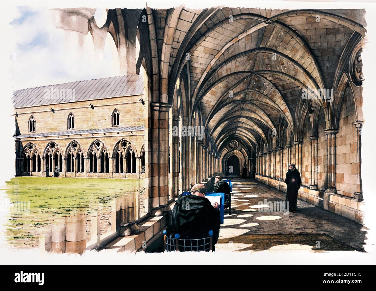BATTLE ABBEY, East Sussex. Rekonstruktionszeichnung von Mönchen im Kreuzgang im späten 13. Jahrhundert von Peter URMSTON. Stockfoto BATTLE ABBEY, East Sussex. Rekonstruktionszeichnung von Mönchen im Kreuzgang im späten 13. Jahrhundert von Peter URMSTON. Stockfoto