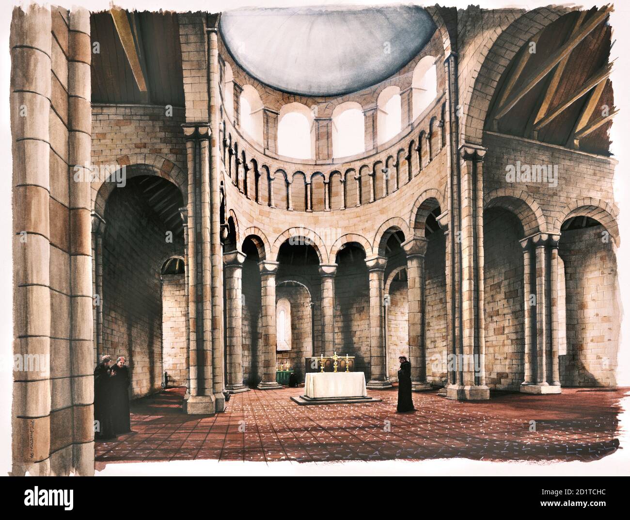 BATTLE ABBEY, East Sussex. Rekonstruktionszeichnung des Innenraums der Abteikirche im 12. Jahrhundert von Peter URMSTON. Stockfoto BATTLE ABBEY, East Sussex. Rekonstruktionszeichnung des Innenraums der Abteikirche im 12. Jahrhundert von Peter URMSTON. Stockfoto