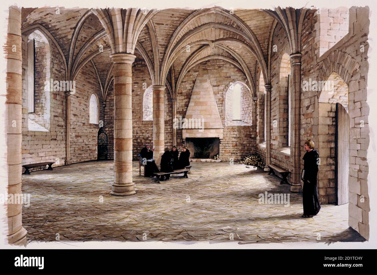 BATTLE ABBEY, East Sussex. Innenansicht. Rekonstruktionszeichnung des Novizenzimmer im 12. Jahrhundert von Peter URMSTON. Stockfoto BATTLE ABBEY, East Sussex. Innenansicht. Rekonstruktionszeichnung des Novizenzimmer im 12. Jahrhundert von Peter URMSTON. Stockfoto