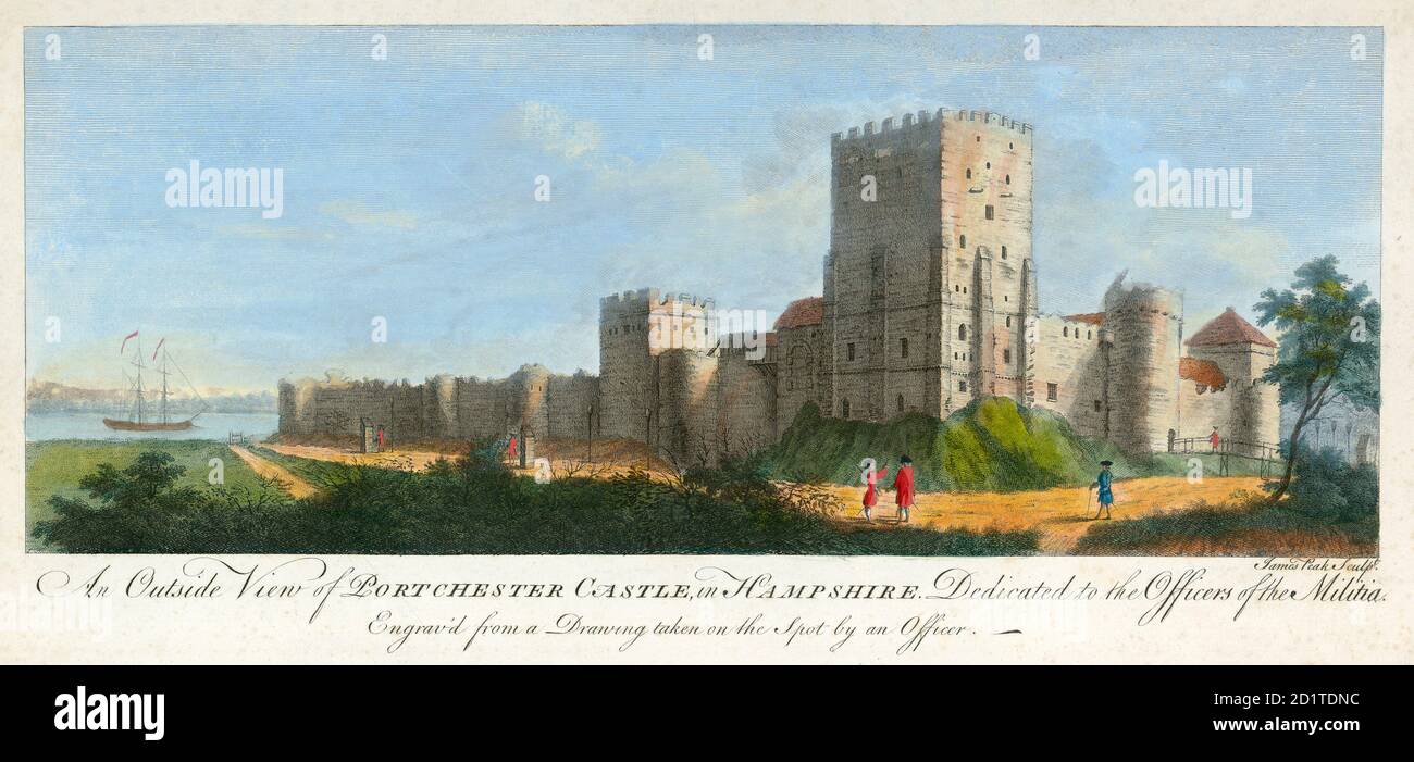 PORTCHESTER CASTLE, Hampshire. 'Eine Außenansicht von Portchester Castle in Hampshire. Gewidmet den Offizieren der Miliz. Eingraviert von einer Zeichnung, die an Ort und Stelle von einem Offizier aufgenommen wurde." Kolorierter Stich von James Peake datiert 1720. MAYSON BEETON KOLLEKTION Stockfoto