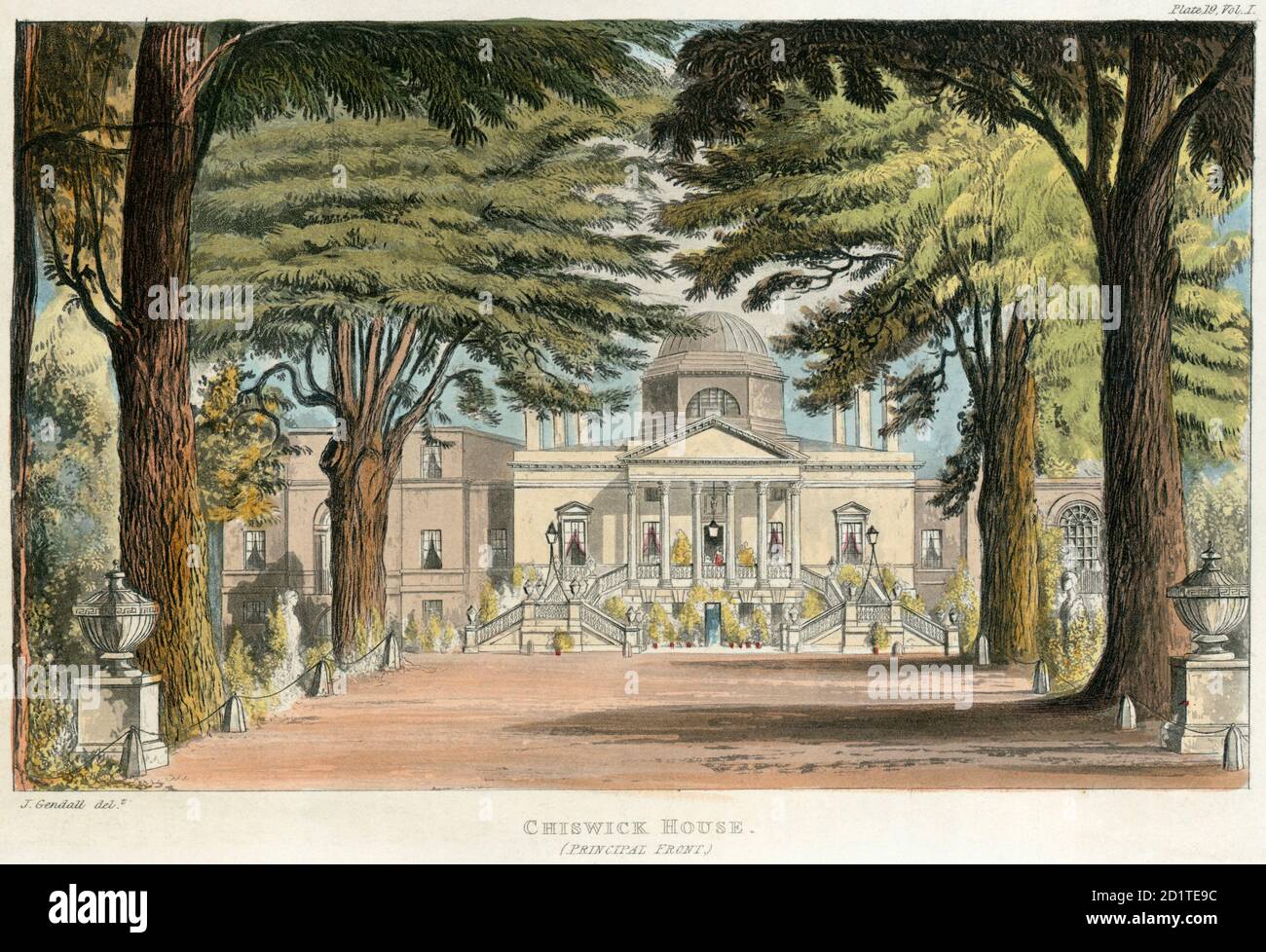 CHISWICK HOUSE, Burlington Lane, Hounslow, London. „Principal Front“. Aquatinta Farbstich datiert 1823. MAYSON BEETON KOLLEKTION Stockfoto