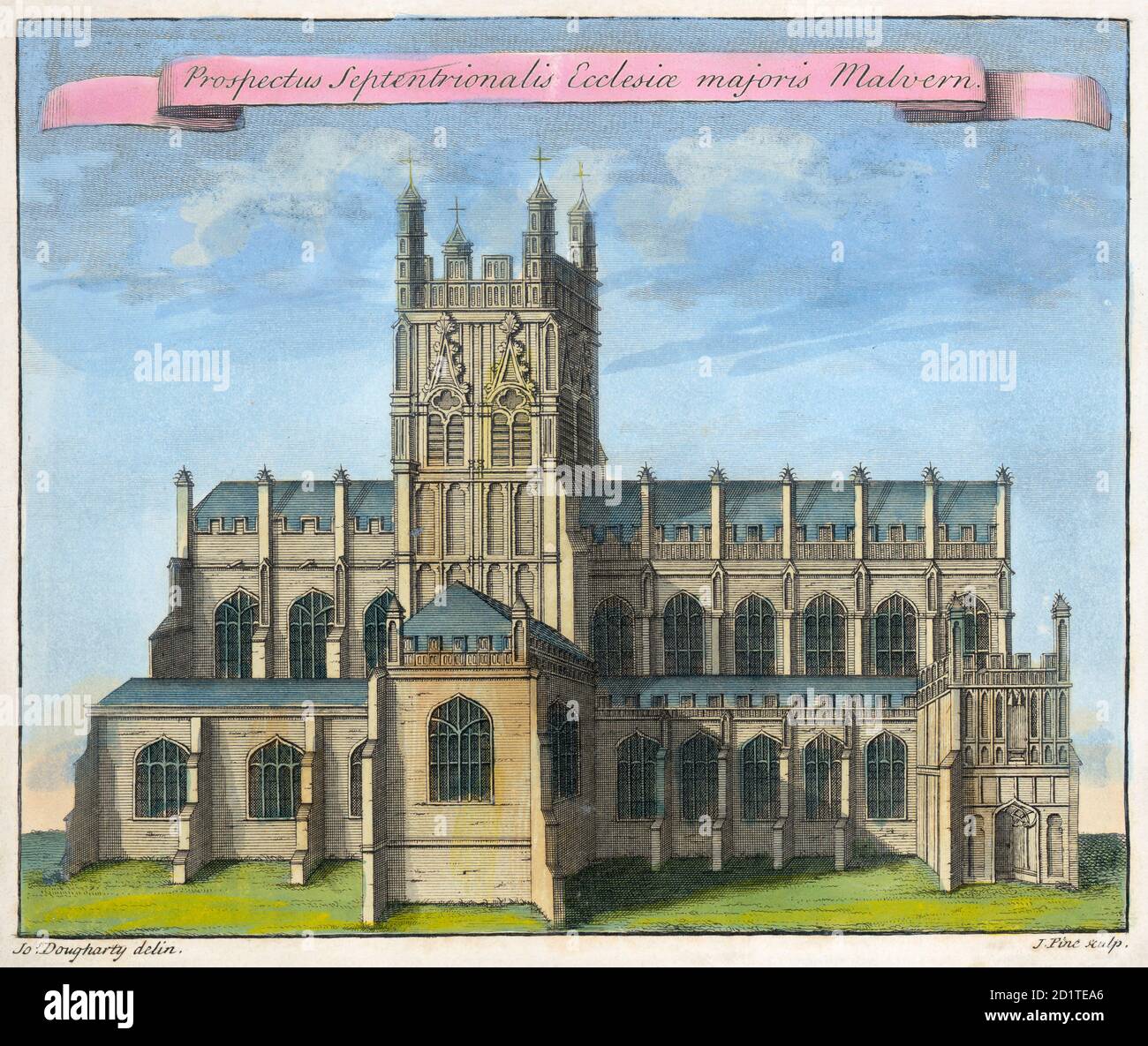 MAYSON BEETON KOLLEKTION. Great Malvern Priory, Worcestershire. 'Nordansicht der Kirche von Great Malvern' von Joseph Dougharty. Linienfarbiger Stich datiert 1730. Stockfoto