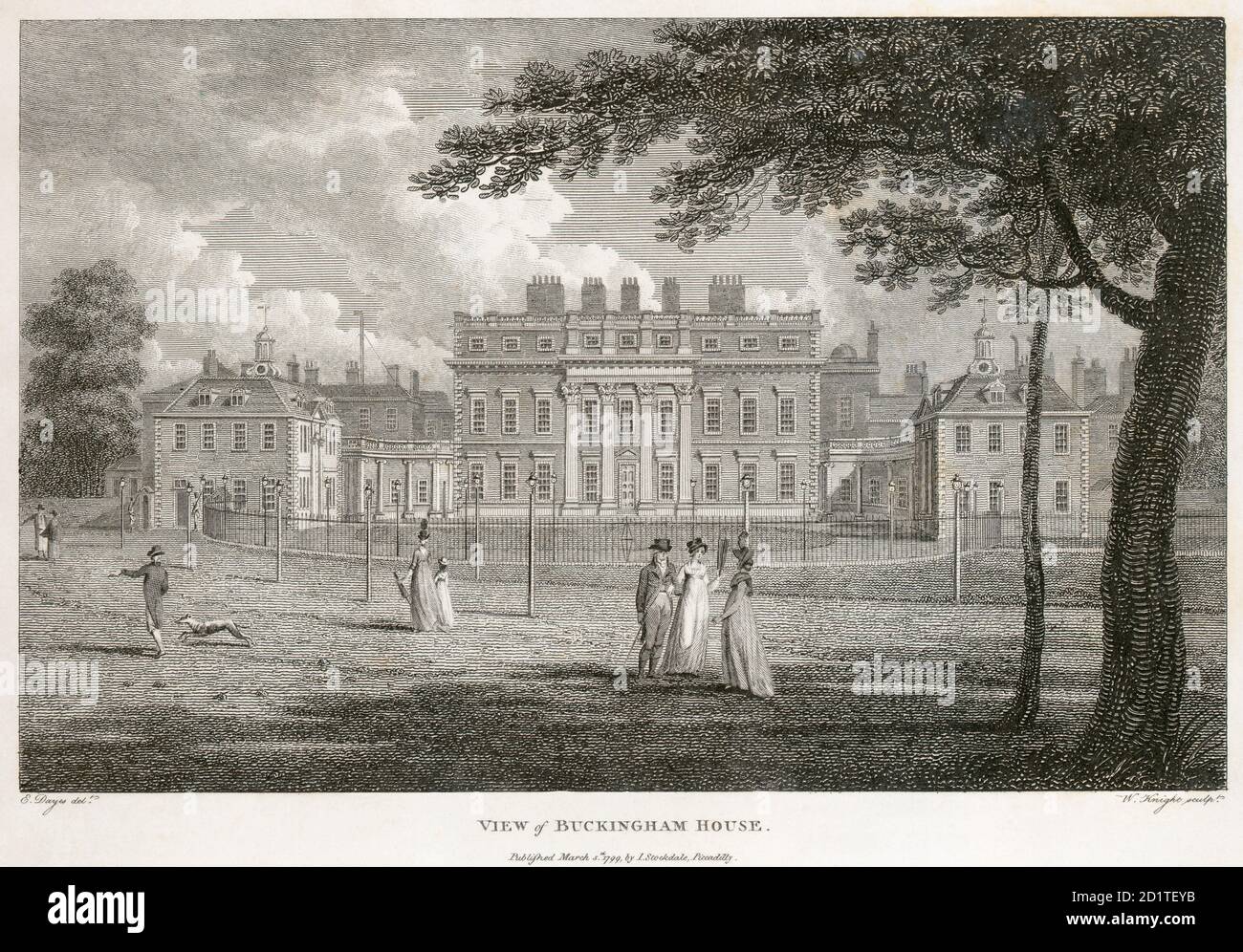 BUCKINGHAM PALACE, Buckingham Palace Road, City of Westminster, London. 'Blick auf Buckingham House' datiert 1799. W Knight Sculp. Liniengravur aus der Sammlung Mayson Beeton. Stockfoto