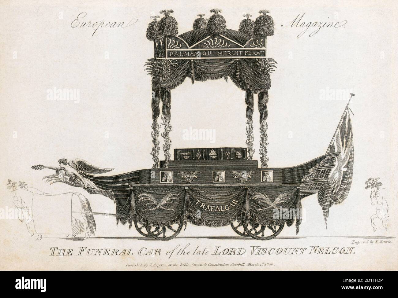 ST PAUL'S CATHEDRAL, St Paul's Kirchhof, City of London. Bestattungswagen für Admiral Nelson. Gravur datiert 1806. Aus der Mayson Beeton Collection. Stockfoto