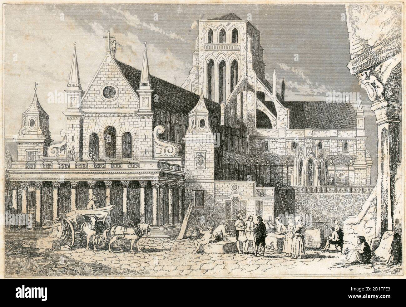 ST PAUL'S CATHEDRAL, St Paul's Kirchhof, City of London. Blick auf das Westende der alten Kathedrale im Jahre 1660 vor dem Brand von 1666. Aus der Mayson Beeton Collection. Stockfoto