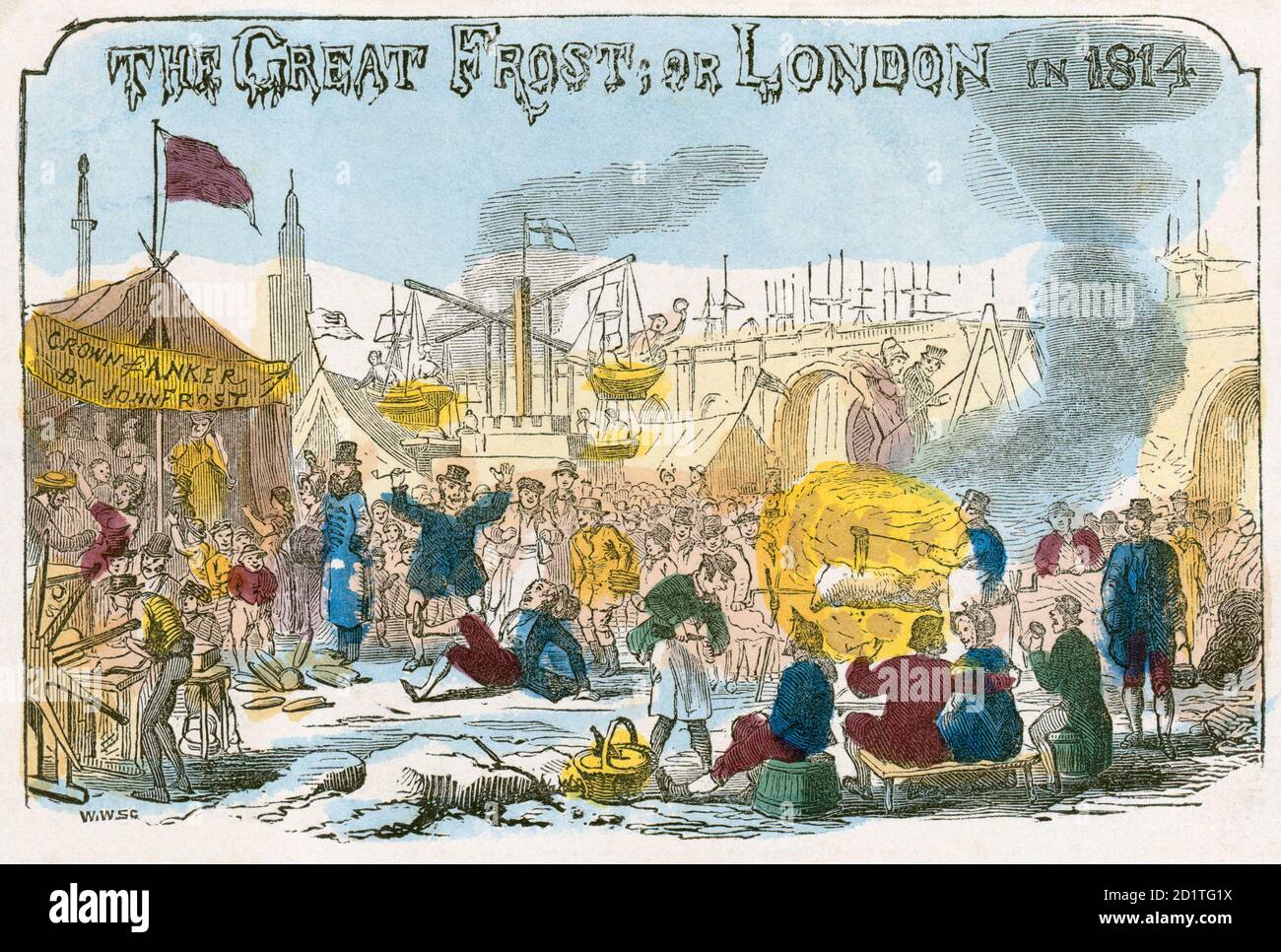 THEMSE, London. "The Great Frost, oder London in 1814". Farbige Holzschnitt-Gravur. Aus der Mayson Beeton Collection. Stockfoto