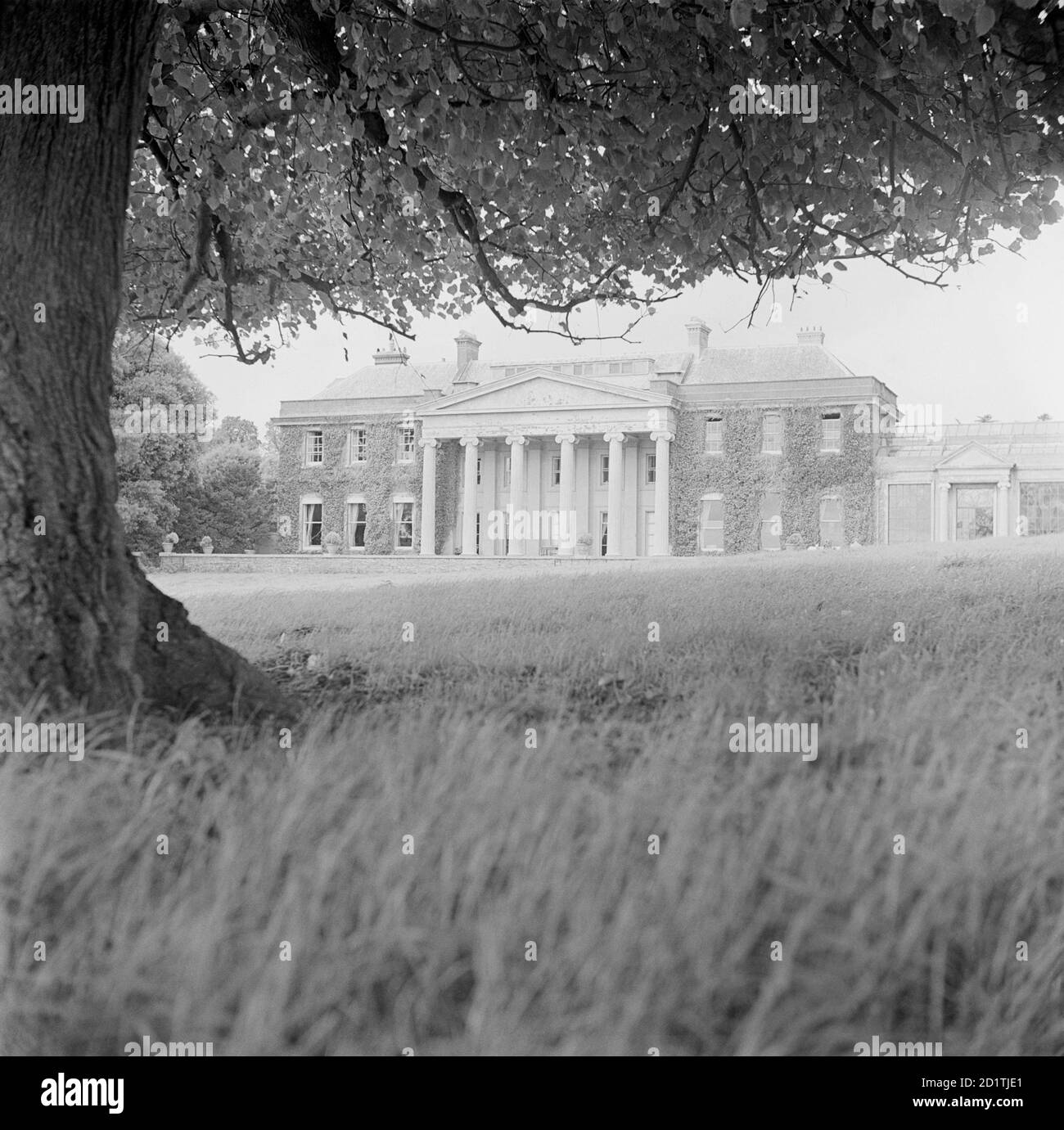 TRELISSICK, Feock, Cornwall. Die Eingangsfront von Trelissick, Feock, mit seinem pedimented Portikus. Es wurde von P. F. Robinson um 1825 gebaut. Pevsner nannte es "das schwerste neo-griechische Herrenhaus in Cornwall". Fotografiert von Eric de Mare zwischen 1945 und 1980. Stockfoto