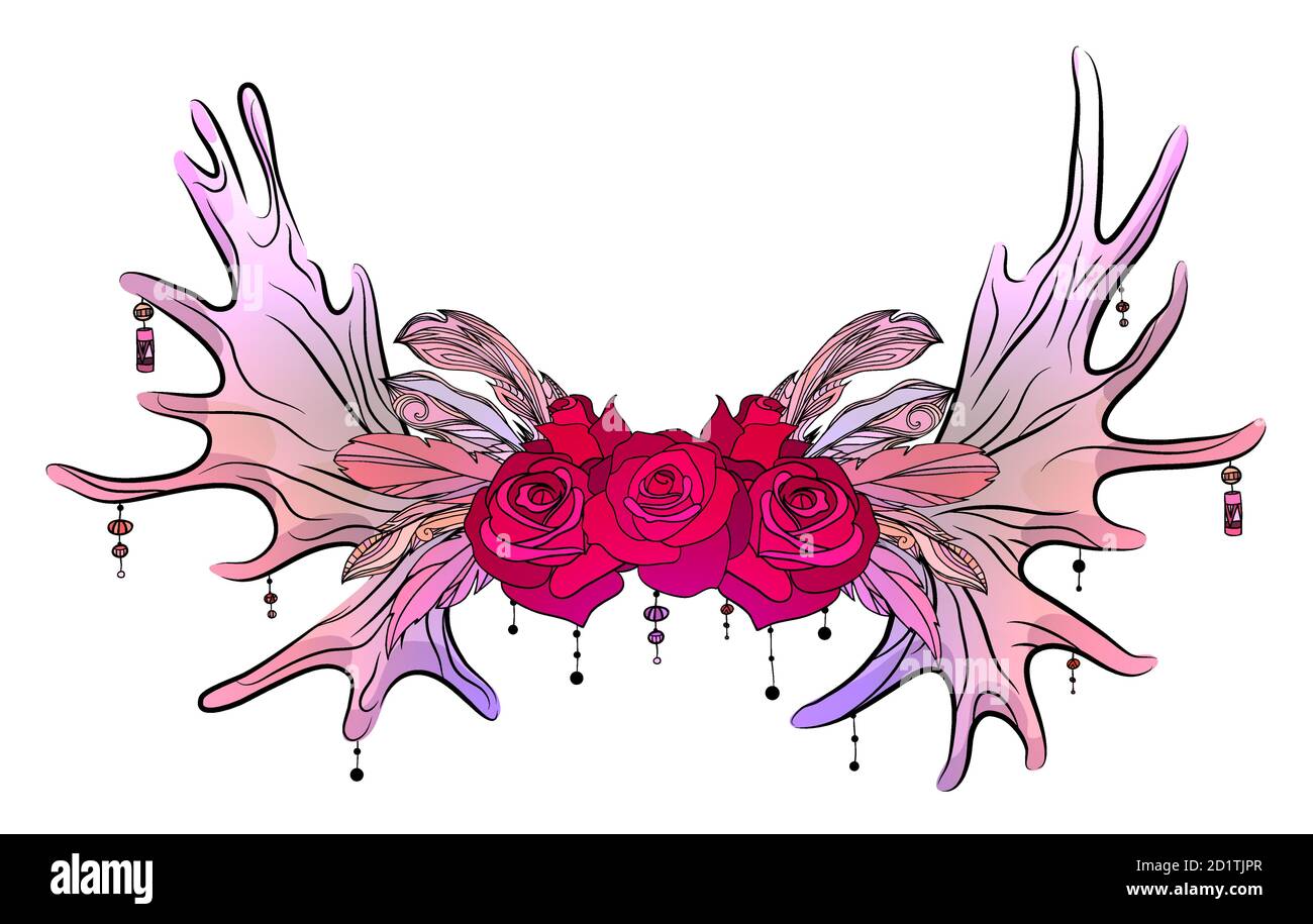 Farbzeichnung von Elchgeweihen mit Federn, Perlen und Rosen. Tribal-Illustration. Vector Boho Element für Karten, Einladung, T-Shirt-Druck und yo Stock Vektor