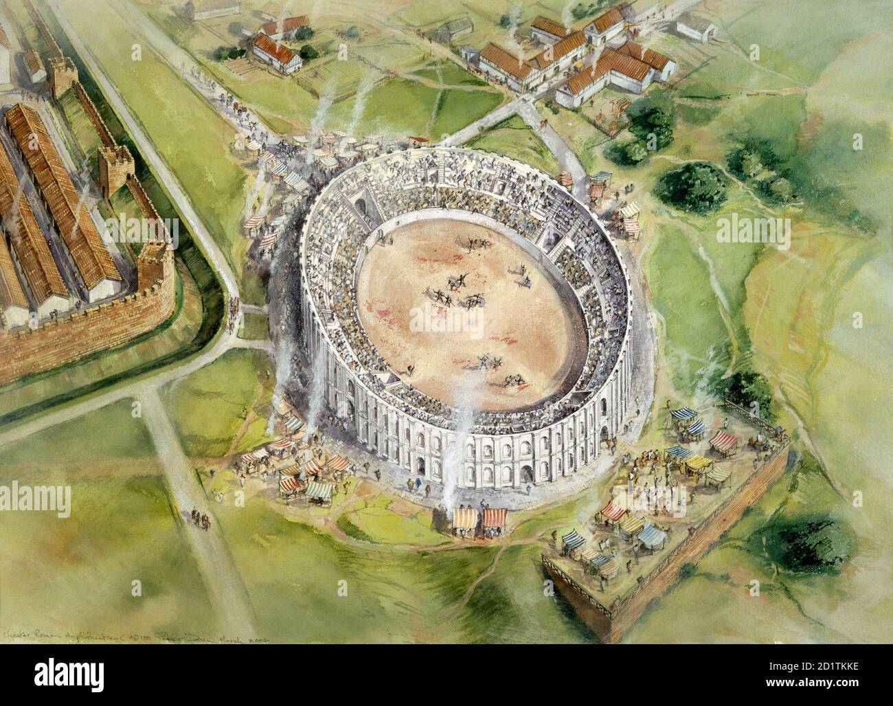 CHESTER ROMAN AMPHITHEATER, CHESHIRE. Luftaufnahme Rekonstruktion Zeichnung von Peter Dunn (English Heritage Graphics Team) des Amphitheaters in ca. 100 n. Chr. Stockfoto