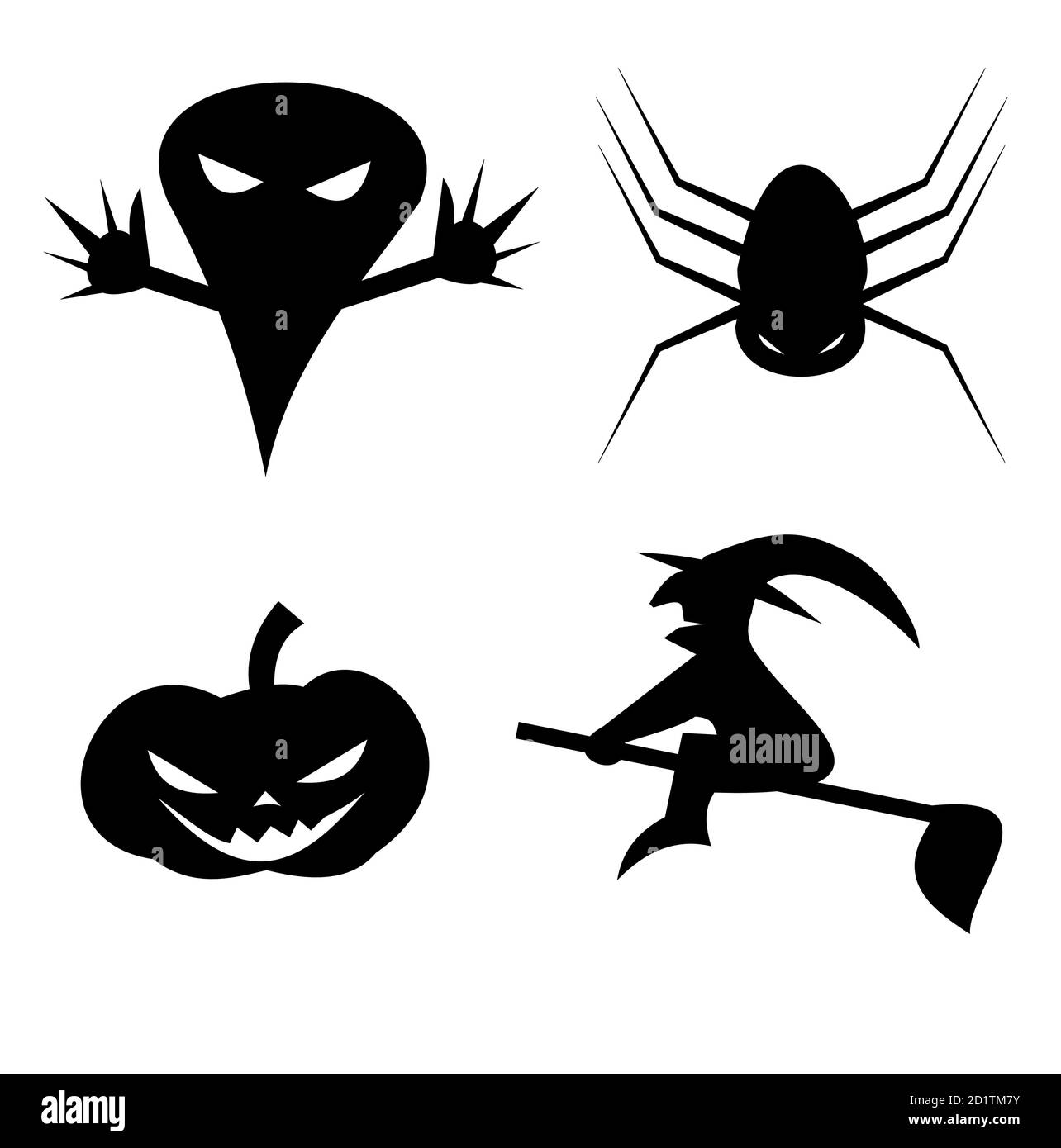 Silhouette Hexe fliegen auf Broomstick und der Geist spreizte seine Hand beängstigend, gruselige Spinne mit Halloween Kürbiskopf Jack-o-Laterne isoliert Stock Vektor