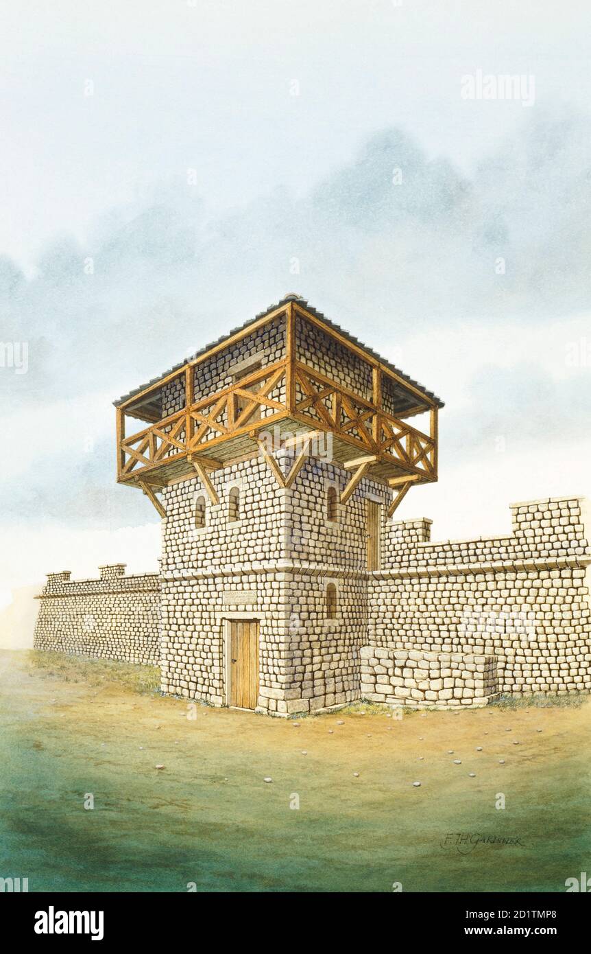 HADRIANS MAUER: BRUNTON TURM, NORTHUMBERLAND. Rekonstruktionszeichnung von Frank Gardiner (English Heritage Graphics Team). Stockfoto HADRIANS MAUER: BRUNTON TURM, NORTHUMBERLAND. Rekonstruktionszeichnung von Frank Gardiner (English Heritage Graphics Team). Stockfoto