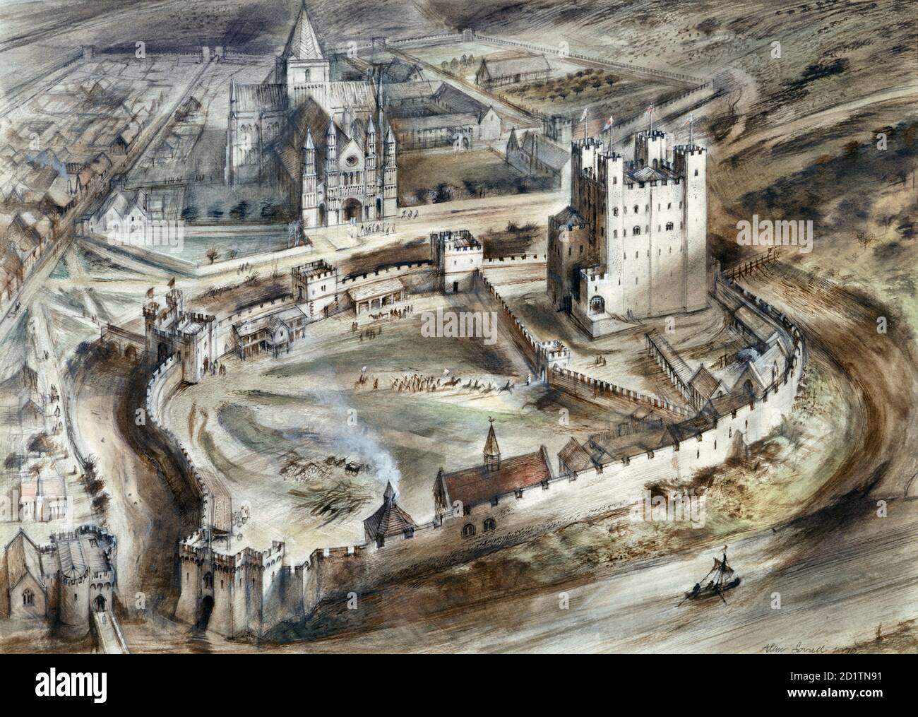 ROCHESTER CASTLE, Kent. Luftrekonstruktion Zeichnung von Alan Sorrell zeigt die Burg, wie es im fünfzehnten Jahrhundert erschienen sein könnte. Stockfoto