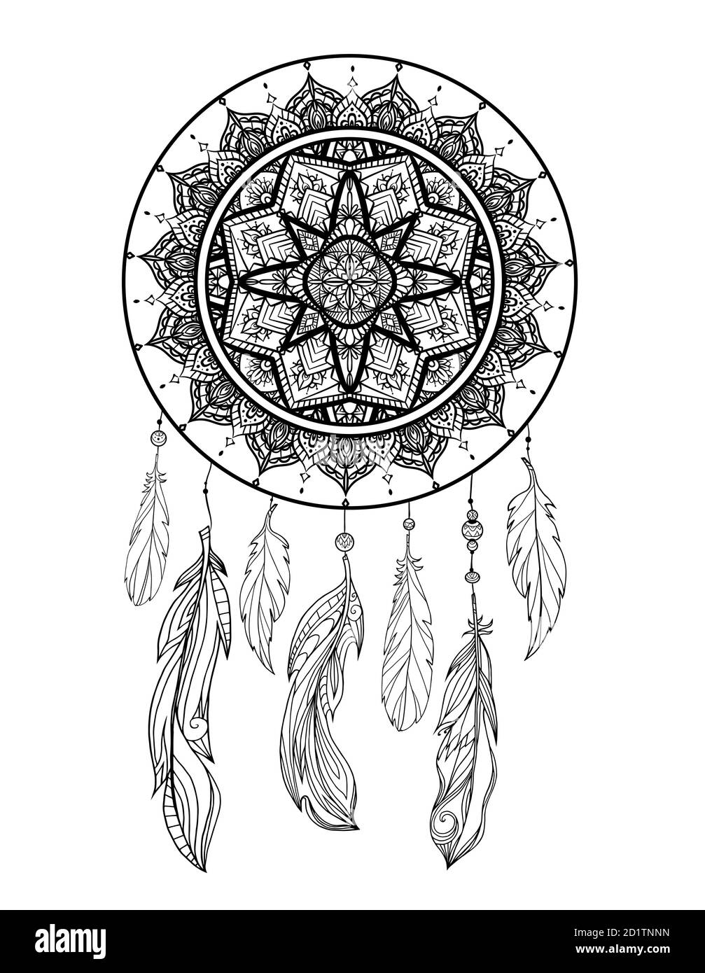 Mystische Illustration eines Traumfängers mit einem Boho-Tracery-Muster, Federn mit Perlen auf weißem Hintergrund. Vektor Magie Tribal Karte zum Ausmalen Stock Vektor