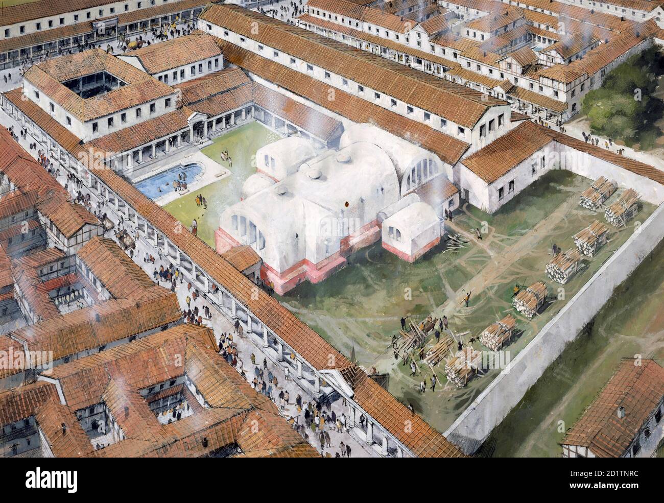 WROXETER RÖMISCHE STADT, SHROPSHIRE. Luftaufnahme Rekonstuktionszeichnung der Bäder im 2. Jahrhundert n. Chr. von Ivan Lapper. Stockfoto WROXETER RÖMISCHE STADT, SHROPSHIRE. Luftaufnahme Rekonstuktionszeichnung der Bäder im 2. Jahrhundert n. Chr. von Ivan Lapper. Stockfoto