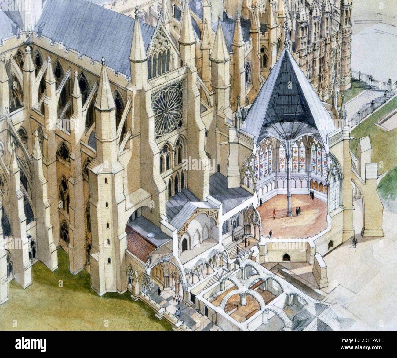 WESTMINSTER ABBEY: KAPITELHAUS, LONDON. Rekonstruktionszeichnung Cutaway mit Innenansicht von Vestibül, Pyx Chamber und Kloster von Terry Ball (English Heritage Graphics Team). Zeigt auch das südliche Querschiff. Stockfoto WESTMINSTER ABBEY: KAPITELHAUS, LONDON. Rekonstruktionszeichnung Cutaway mit Innenansicht von Vestibül, Pyx Chamber und Kloster von Terry Ball (English Heritage Graphics Team). Zeigt auch das südliche Querschiff. Stockfoto