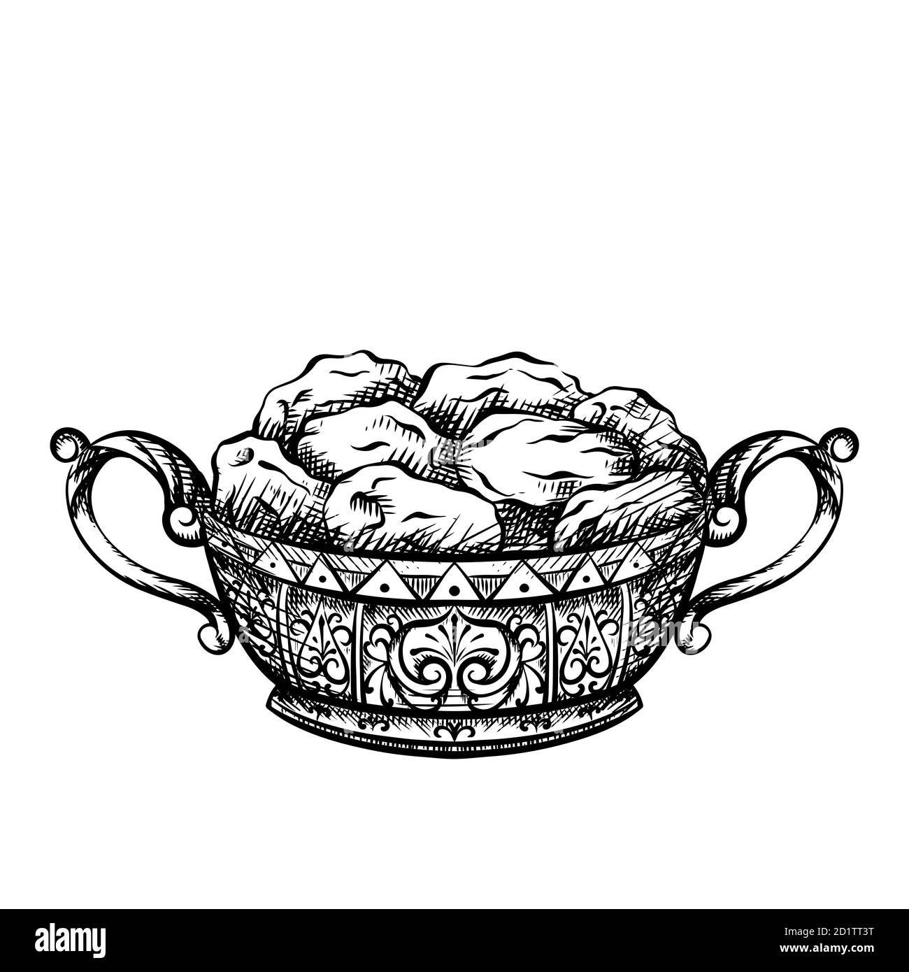 Schwarz-weiße Gravur von Datteln in einer luxuriösen Vase. Festliche Leckerbissen für Ramadan Kareem. Vektor-Schraffur-Element für Menü, Einladung und Ihre kreative n Stock Vektor