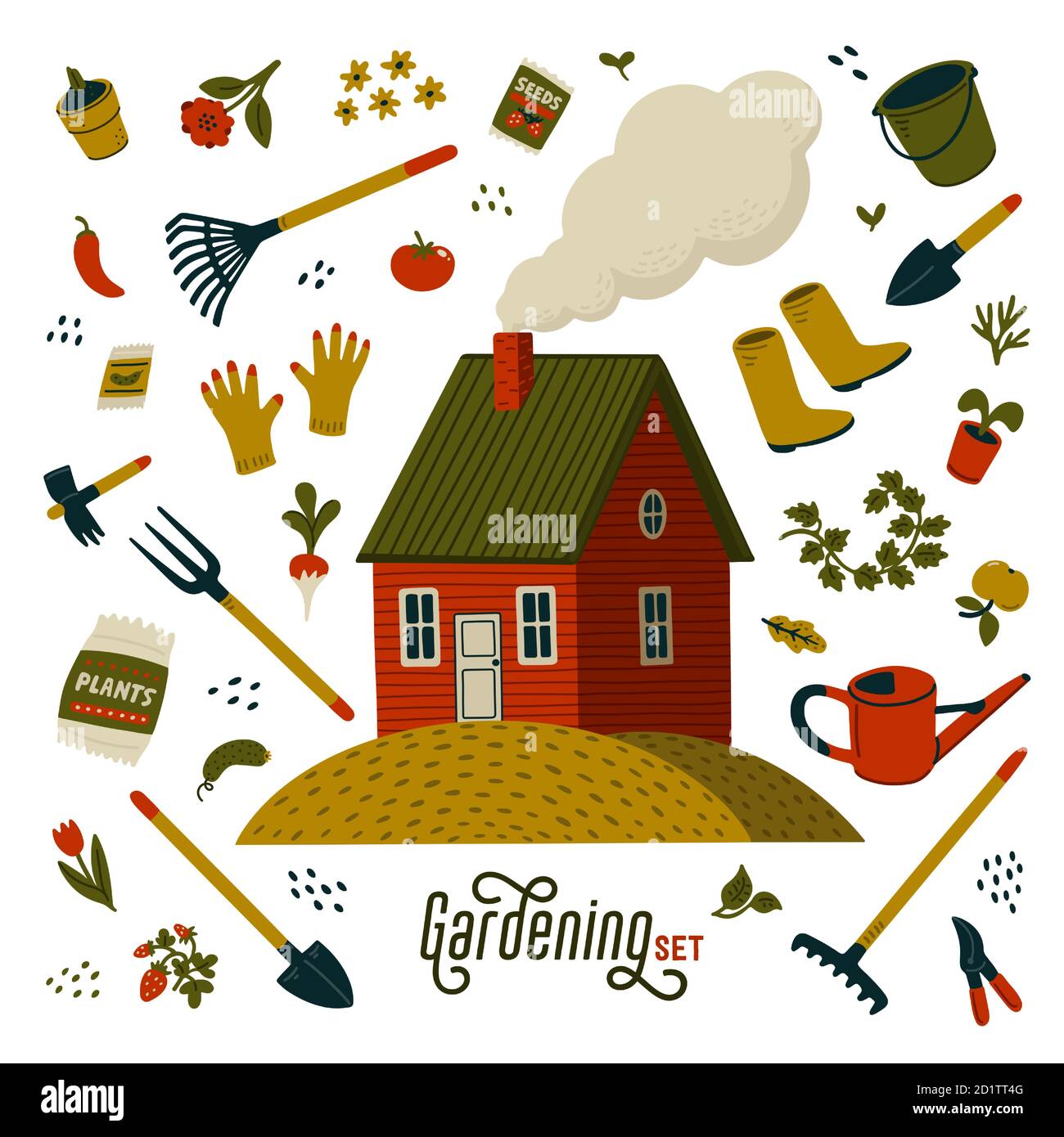 Gardening Set Red Farm House Und Verschiedene Arten Von Werkzeugen F r