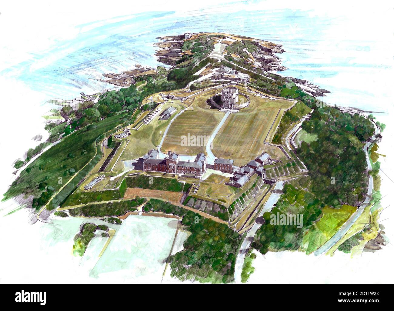 PENDENNIS CASTLE, Falmouth, Cornwall. Luftrekonstruktionsgemälde von Ivan Lapper von Tudor, Elizabethan und später Festung, wie sie heute erscheint. Stockfoto