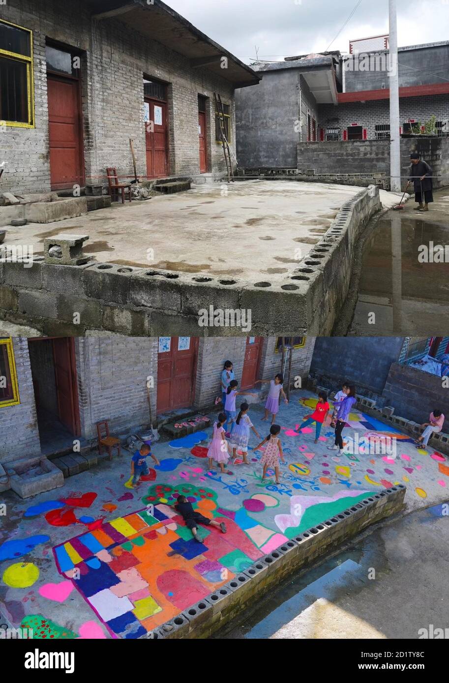 Hangzhou. Oktober 2020. Combo Foto zeigt einen Hof vor (oben) und nach (unten) Renovierung im Dorf Dingwang im Landkreis Qinglong in der südwestlichen Provinz Guizhou. Quelle: Xinhua/Alamy Live News Stockfoto