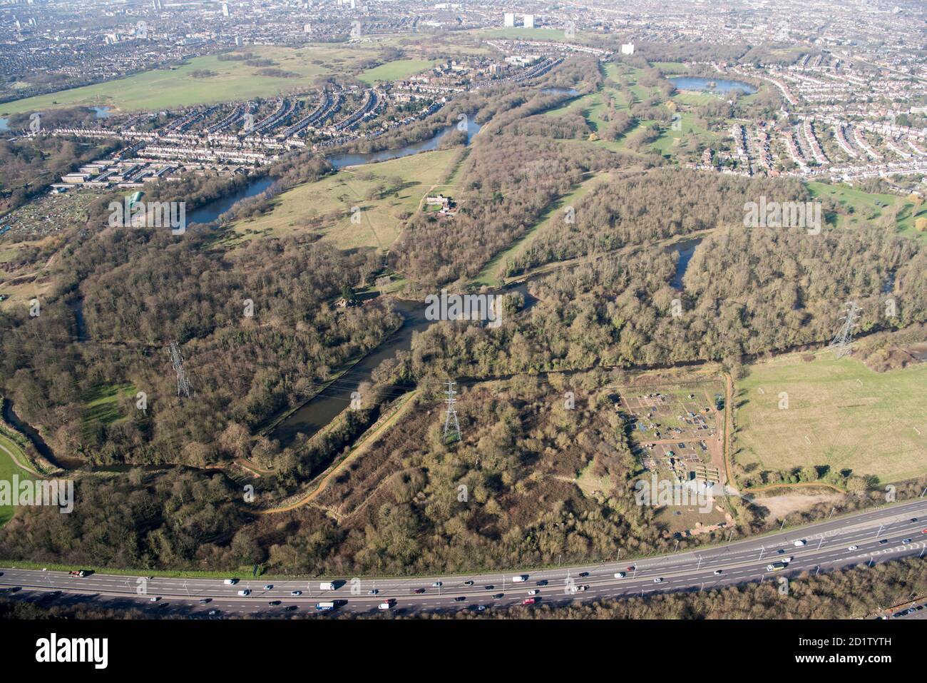 Wanstead Park, erstellt aus einem Hirschpark mit einer Reihe von Relandscaping einschließlich umfangreicher Änderungen 1813-18, die von Humphry Repton, Wanstead Park, London, 2018, UK entworfen wurden. Luftaufnahme. Stockfoto