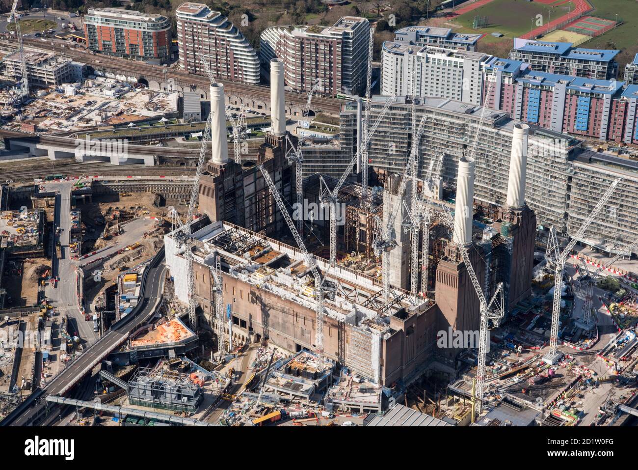 Renovierung des Battersea-Kraftwerks im Rahmen der Nine Elms Development, London, 2018, Großbritannien. Luftaufnahme. Stockfoto