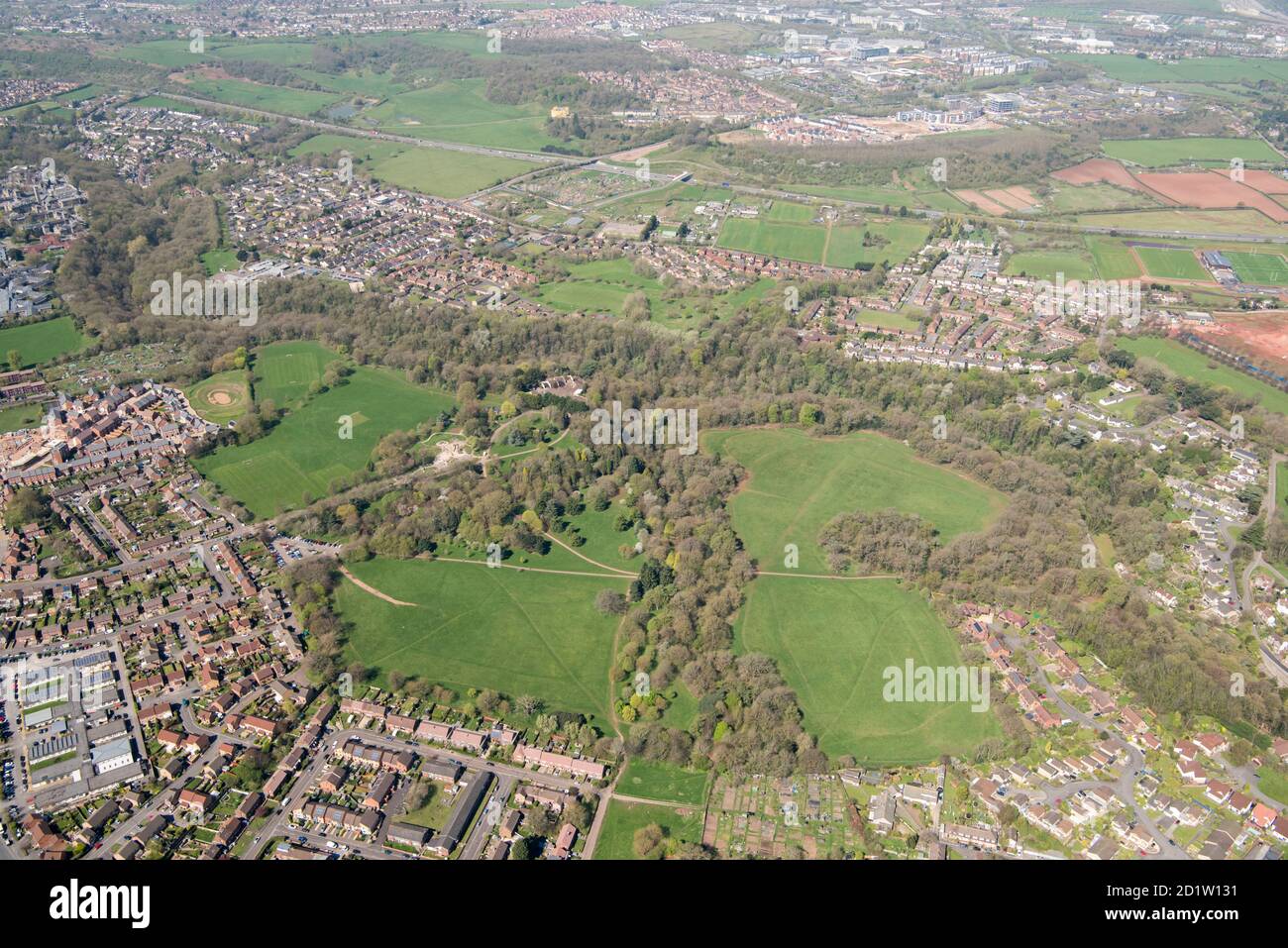Landscape Park im Oldbury Court Estate, Humphry Repton legte die Zierwälder, Bristol, Großbritannien. Luftaufnahme. Stockfoto