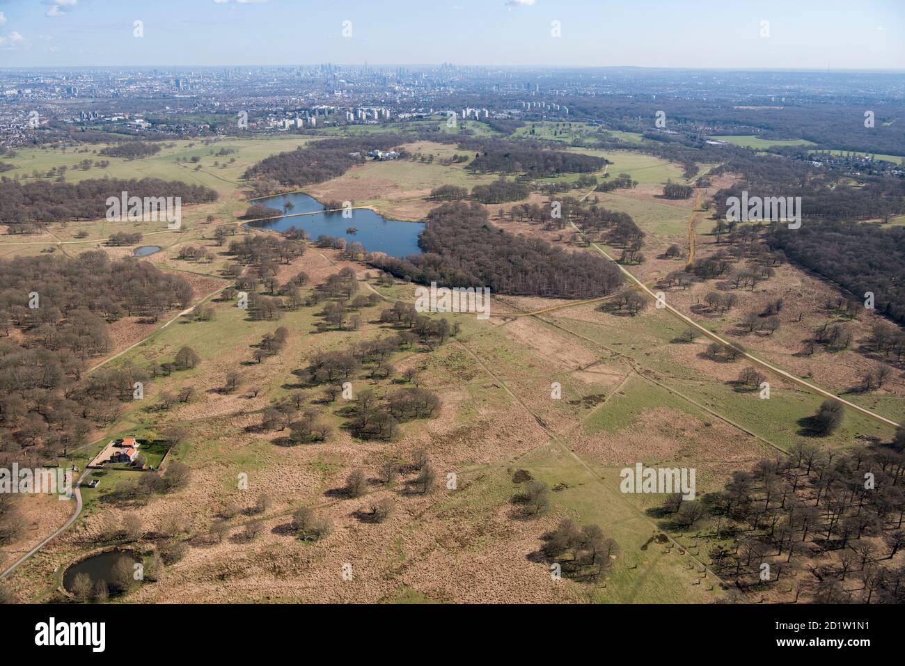 Blick über Richmond Deer Park, Richmond Park, London, Großbritannien. Luftaufnahme. Stockfoto