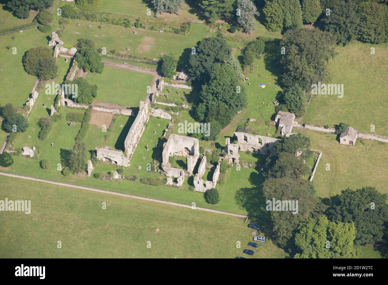Jervaulx Cisterzienser Abbey Ruins, North Yorkshire, 2014. Luftaufnahme. Stockfoto