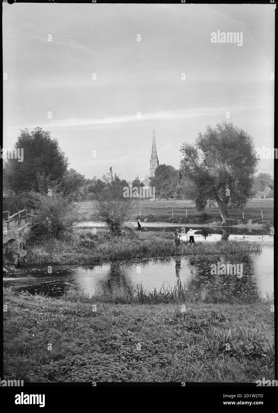 Blick nordöstlich von den Wasserwiesen auf die Kathedrale, Salisbury, Wiltshire, Großbritannien. Stockfoto