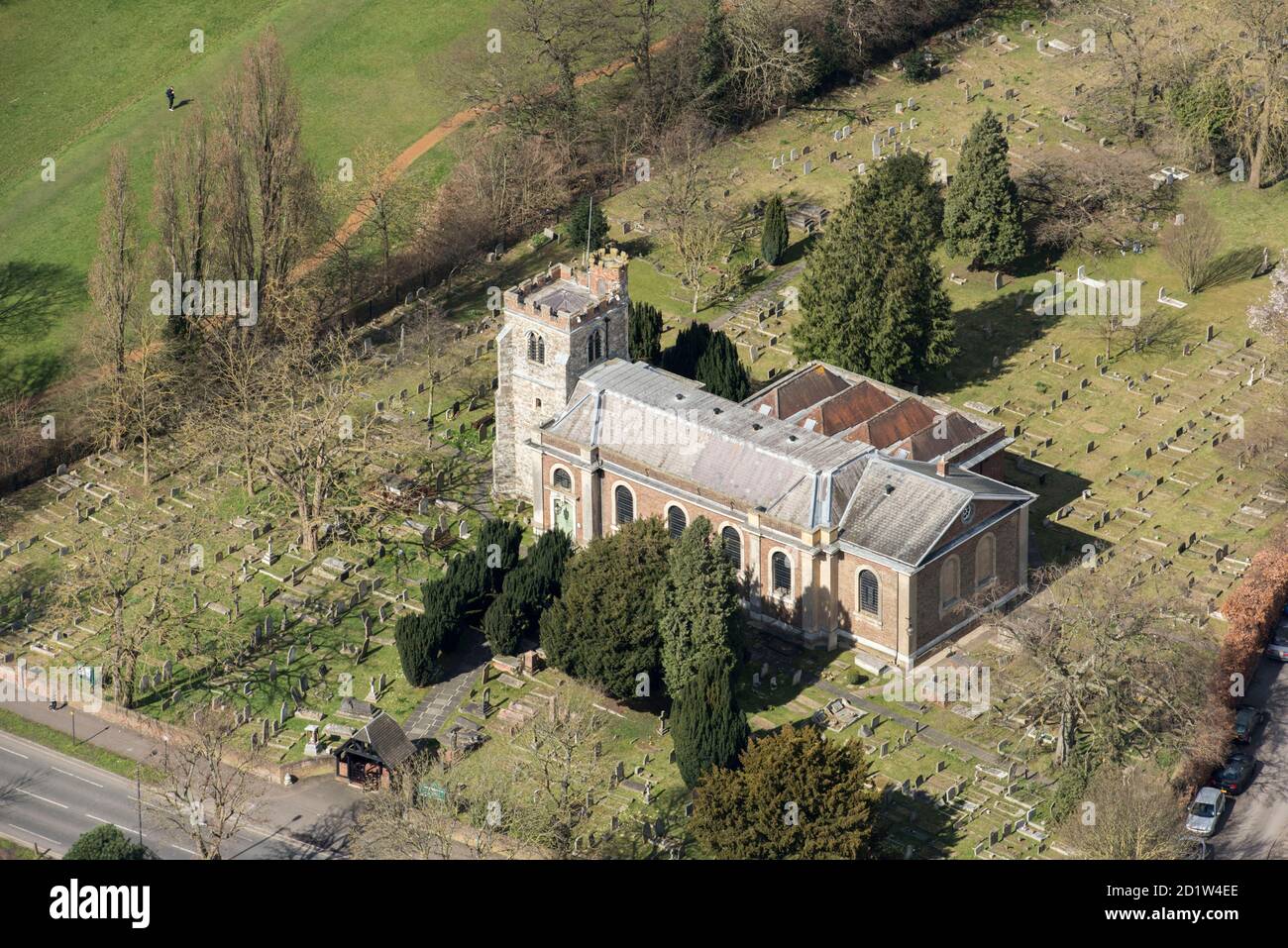 The Church of St Lawrence, Harrow, London, 2018. Luftaufnahme. Stockfoto
