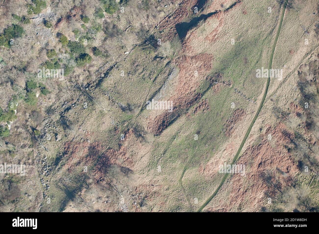 Eine Romano-Britsh geschlossene Siedlung mit einem Hüttenkreis, Whitcliffe Scar, North Yorkshire. Luftaufnahme. Stockfoto