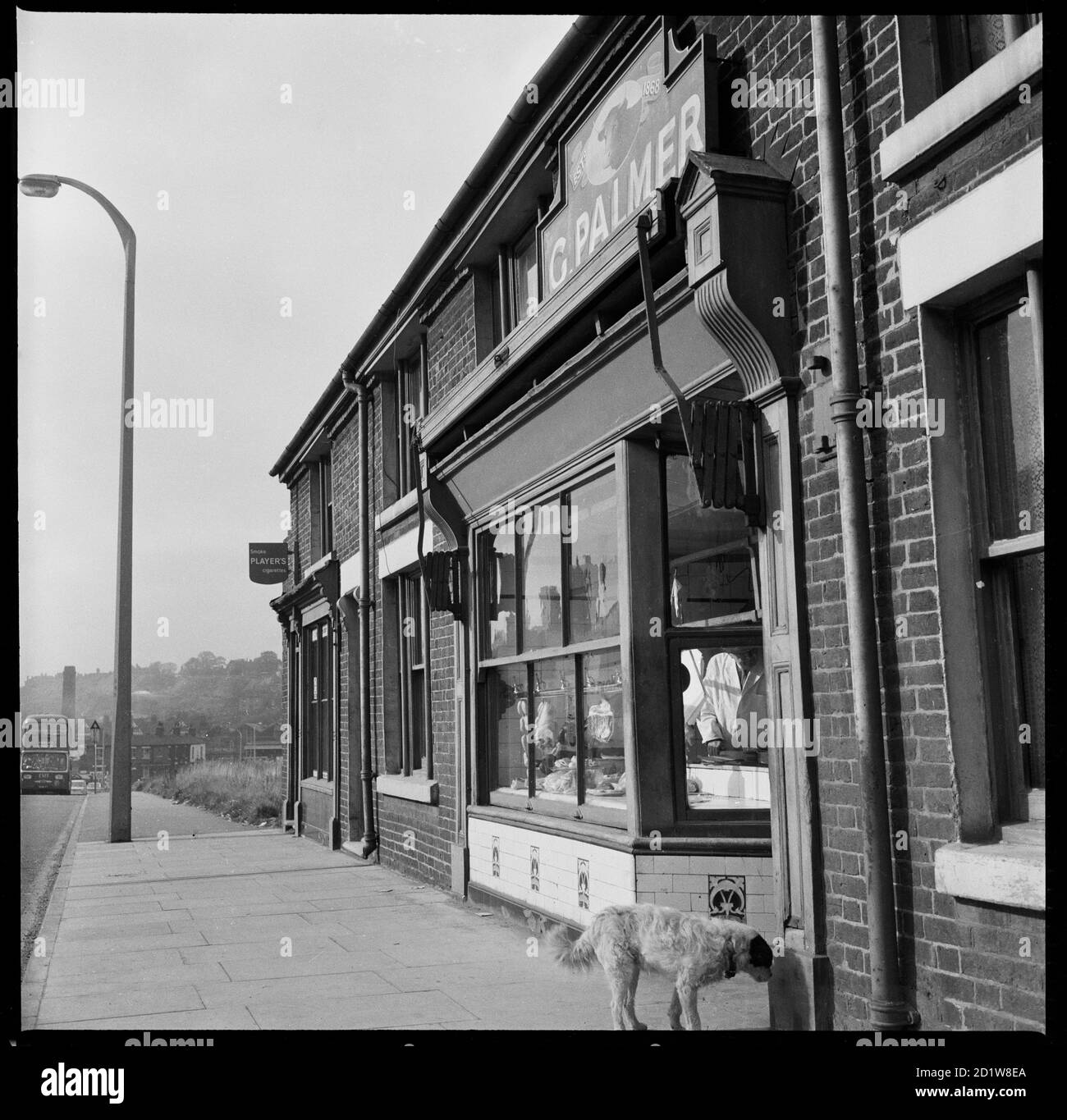 Blick nach Südwesten mit den Nummern 114-118 Lord Street (jetzt Etruria Old Road) mit den Räumlichkeiten von G Palmer, Butcher, im Vordergrund und Abfallboden in der Ferne. Stockfoto