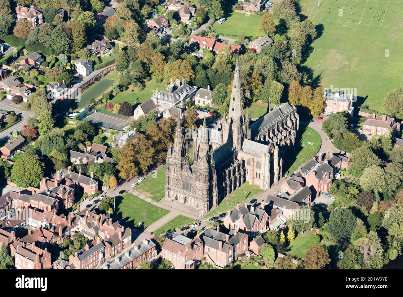 Luftaufnahme der Lichfield Cathedral, Staffordshire. Stockfoto