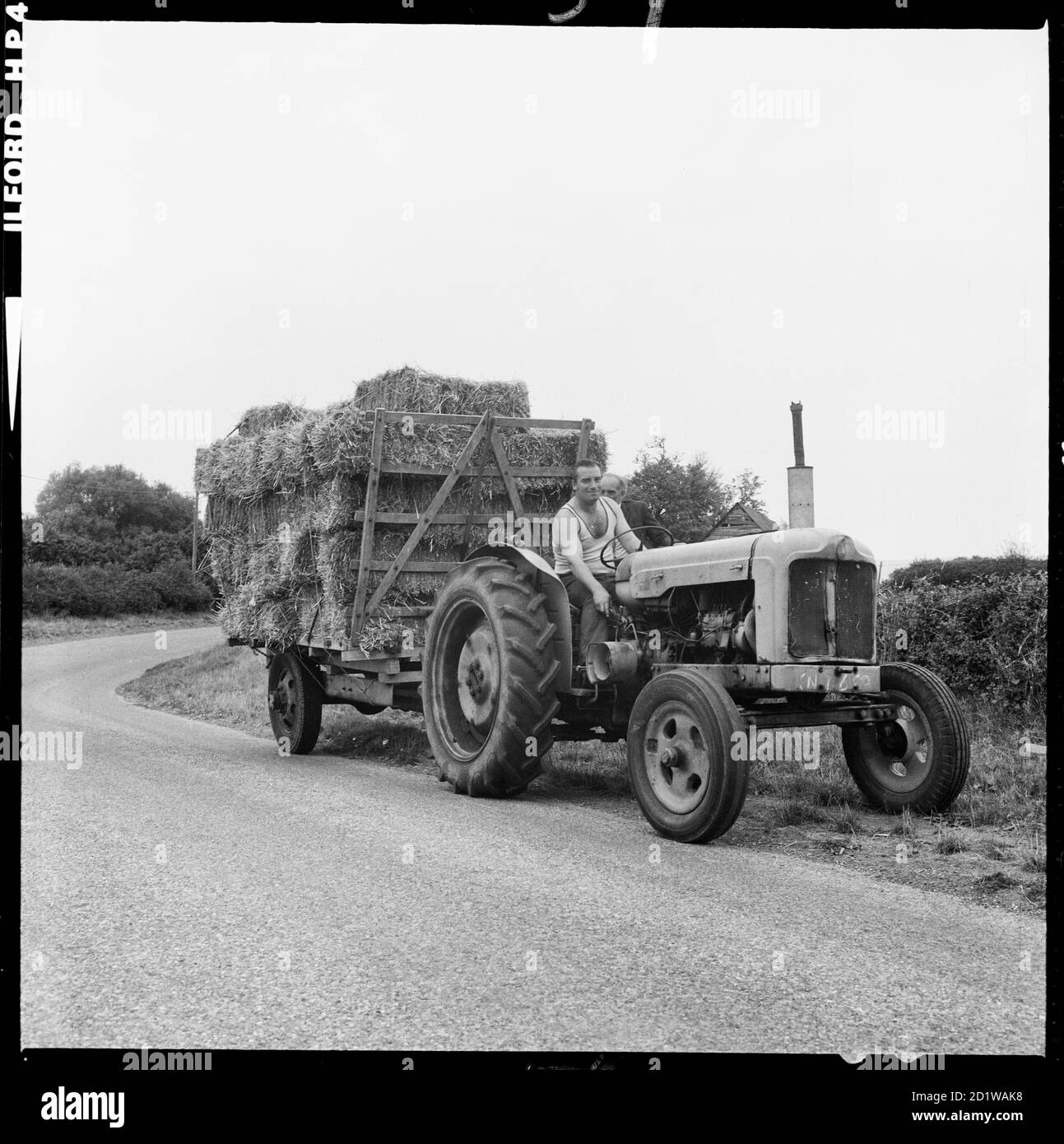 Ein Traktor und Anhänger mit Heuballen beladen, möglicherweise um Herefordshire / die West Midlands. Stockfoto