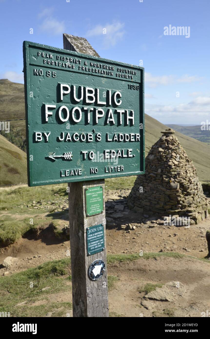 Ein Schild für den Jakobsleiter-Fußweg in der Derbyshire Peak District im Hope Valley Stockfoto