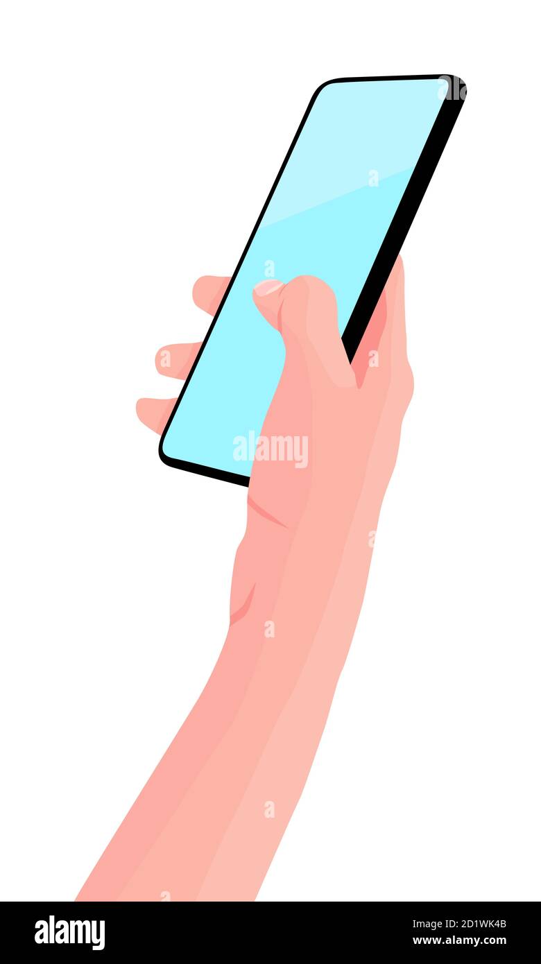 Handy in der Hand. Frau hält schwarzes Smartphone. Touchscreen mit dem Finger berühren. Platz für Text kopieren. Vektorgrafik, weißer Hintergrund Stock Vektor