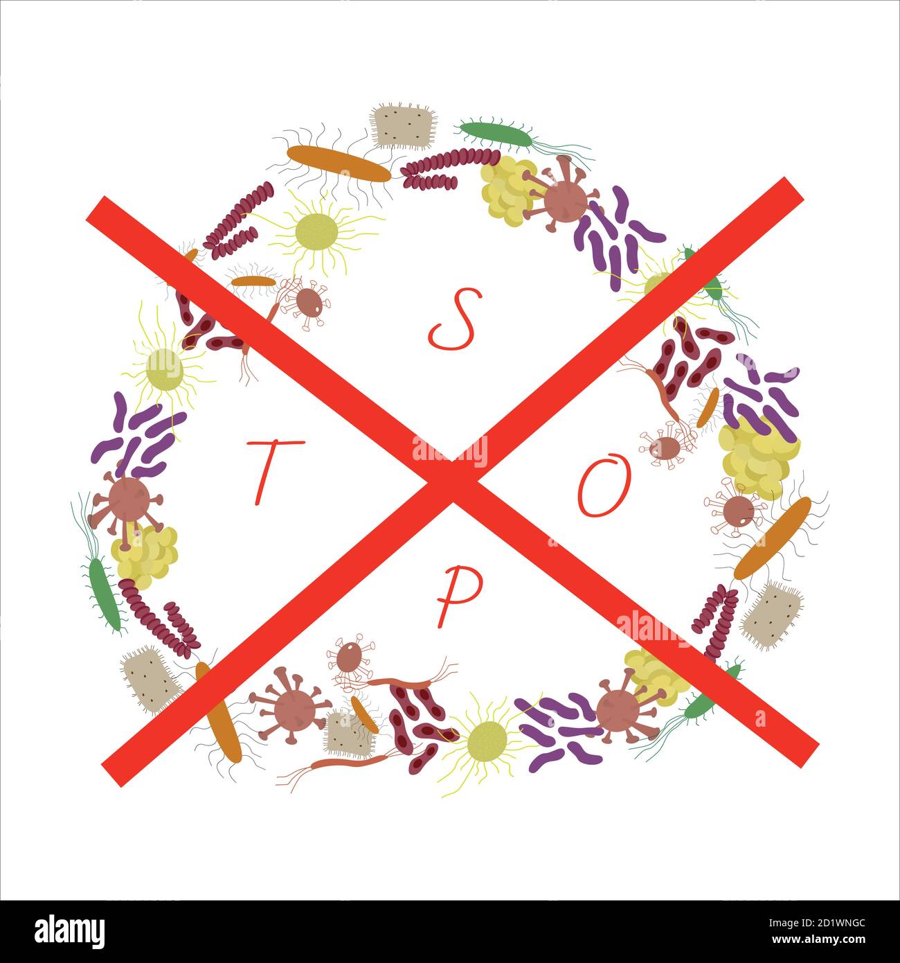 Eine Reihe von Symbolen für Virusbakterien. Cartoon-Illustration. Mikroorganismen des Bacillus. Keime stoppen Stock Vektor