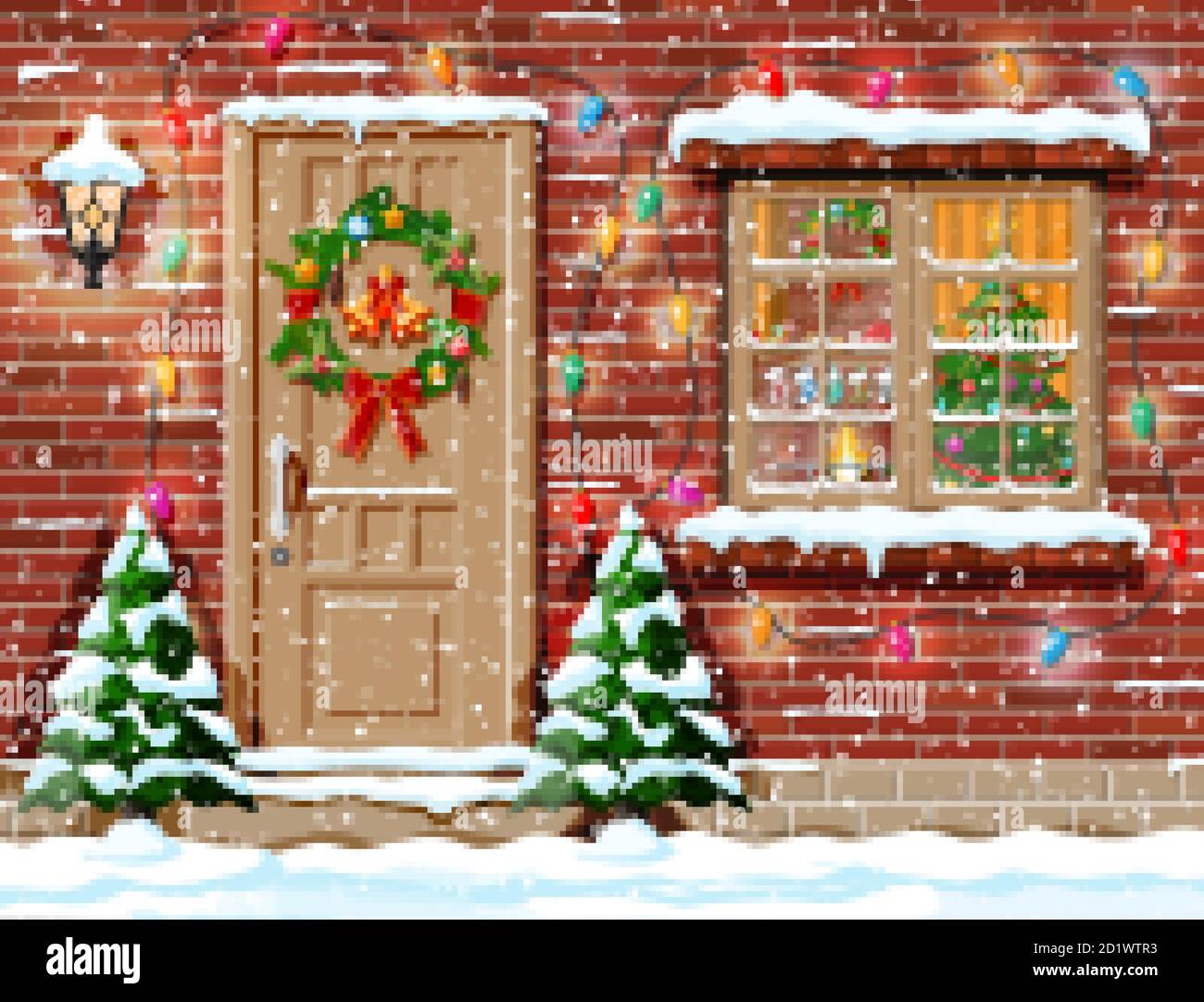 Weihnachtliche Fassadendekoration. Eingang zum Vorstadthaus mit Kranz, Glocken, Girlande Lichter dekoriert. Weihnachtsgrüße. Schneeflocken, Schneeverwehungen. Neujahr und Weihnachtsfeier. Flache Vektorgrafik Stock Vektor