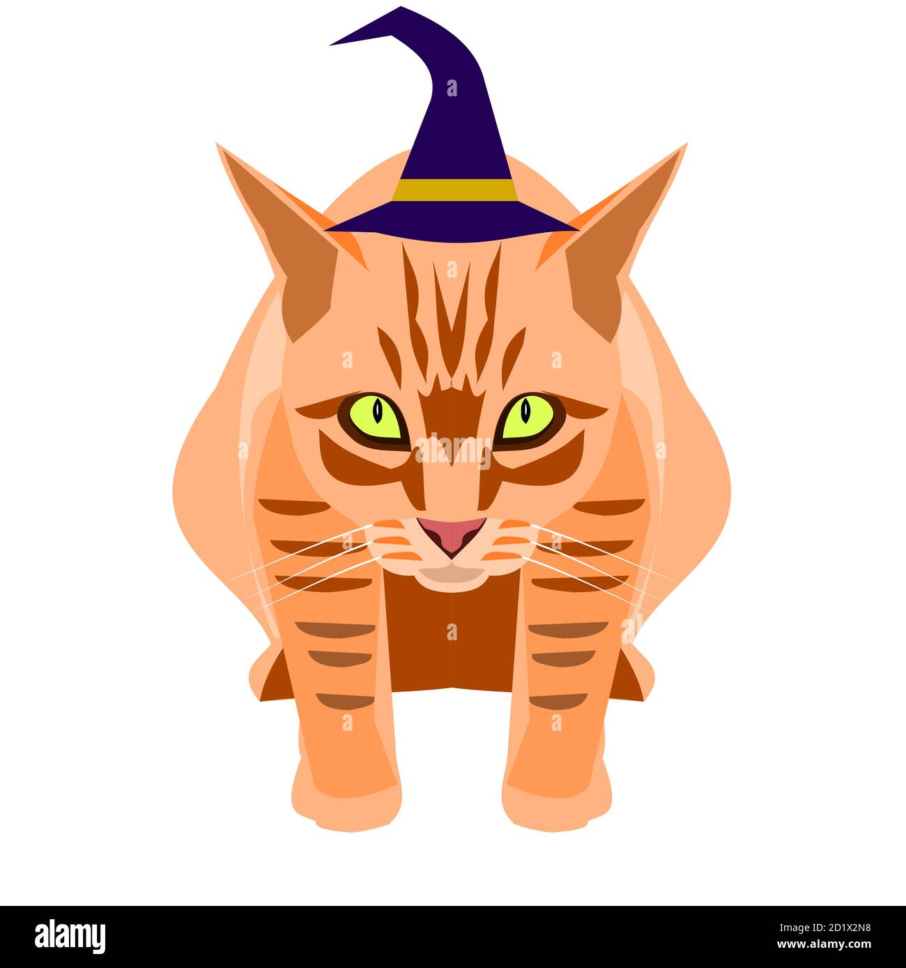Orange Farbe tabby Katze in einem Hexenhut sitzt isoliert auf weißem Hintergrund, Cartoon und Grafik über Halloween Haustiere Stock Vektor