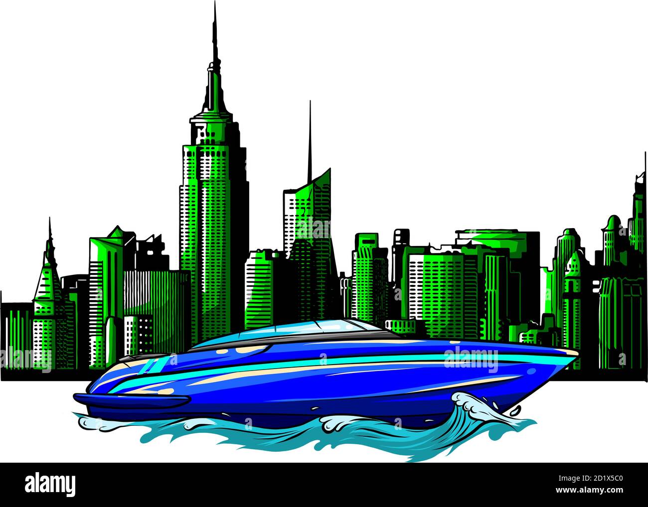 vektor Illustration eines luxuriösen privaten Boot auf Wolkenkratzer Hintergrund Stock Vektor