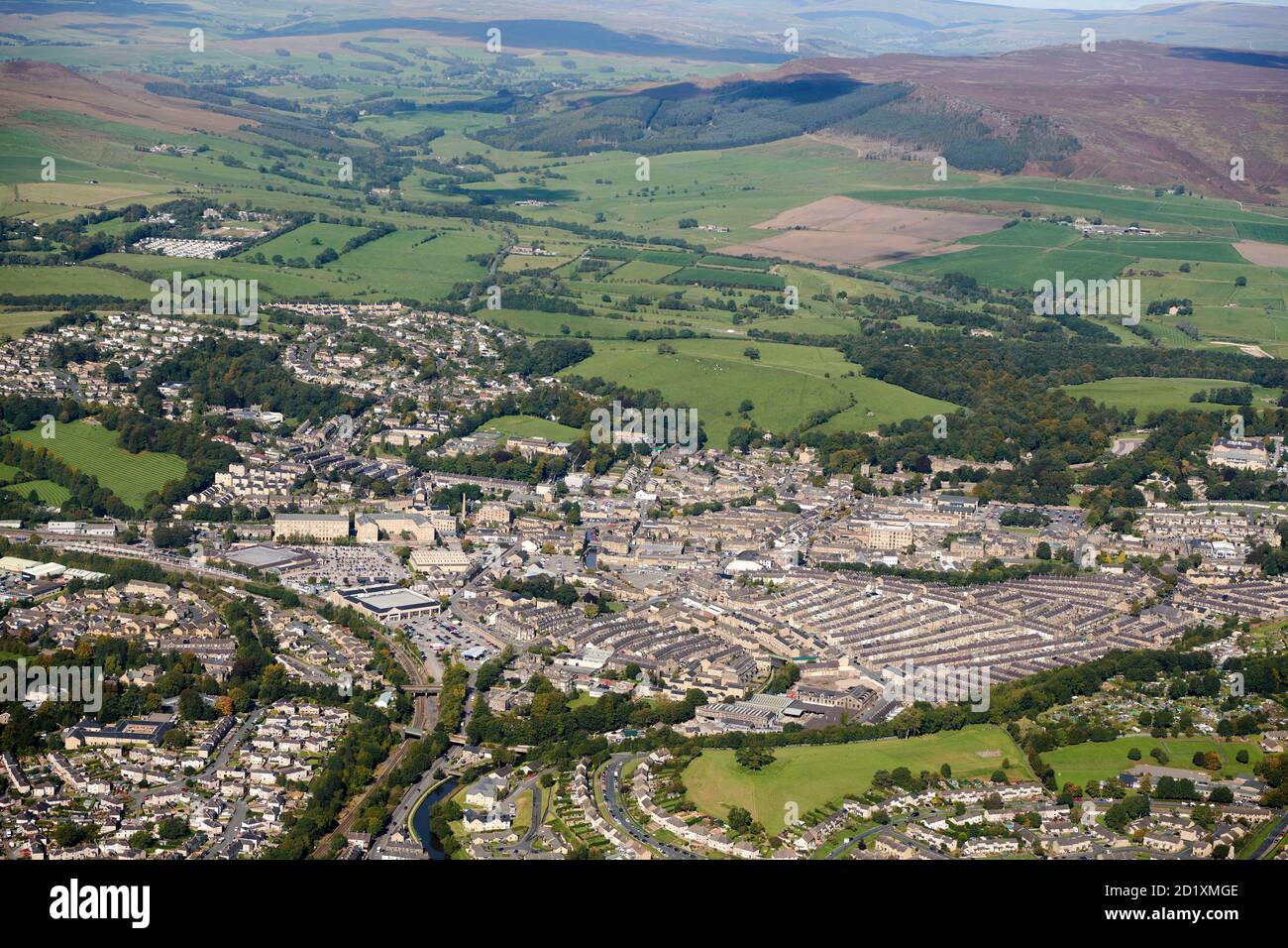 Eine Luftaufnahme der Stadt Skipton, Tor zu den Yorkshire Dales, North Yorkshire, Nordengland, UK Stockfoto