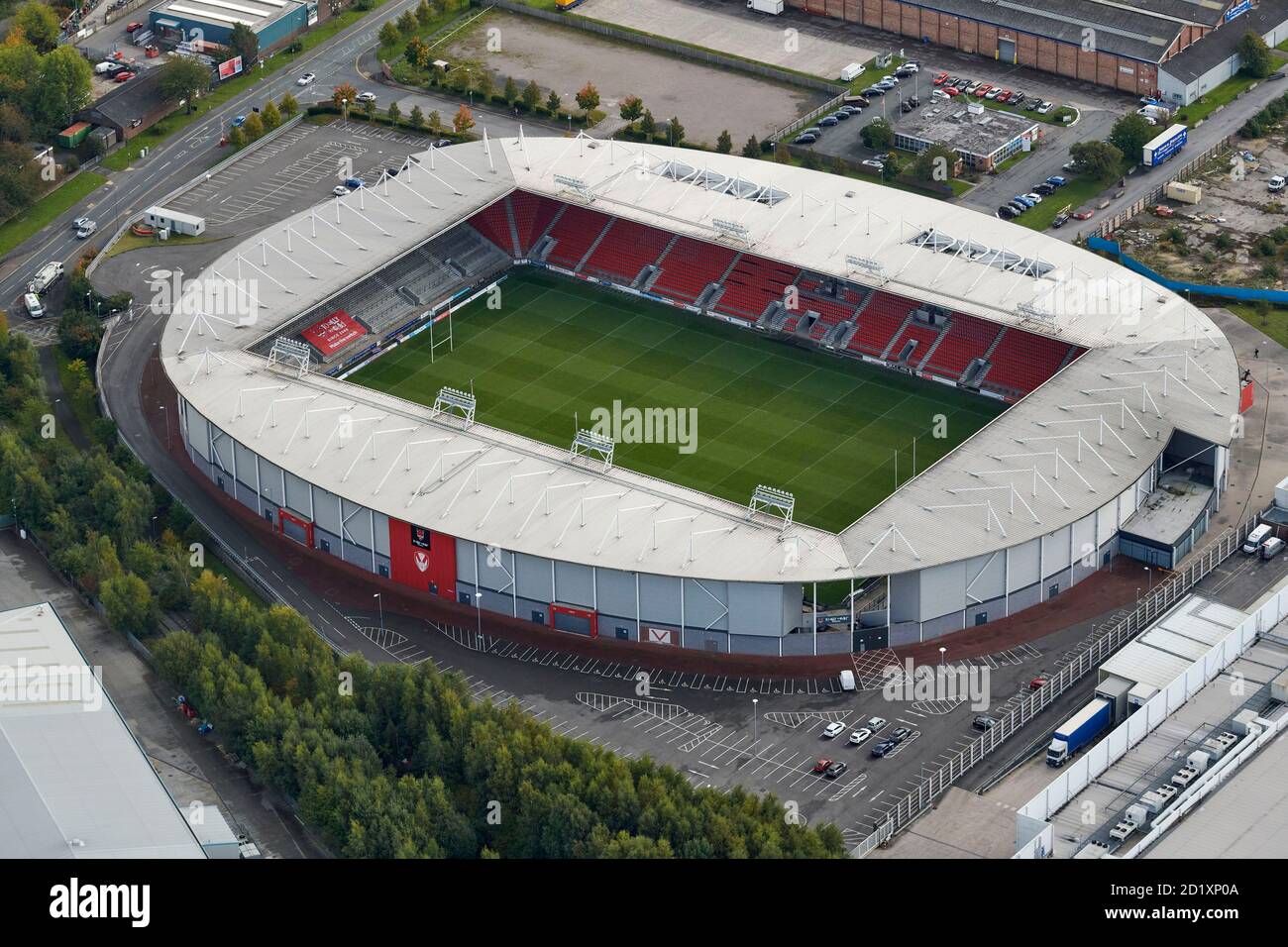 Eine Luftaufnahme des St. Helens Rugby League Ground, Nordwestengland, Großbritannien Stockfoto