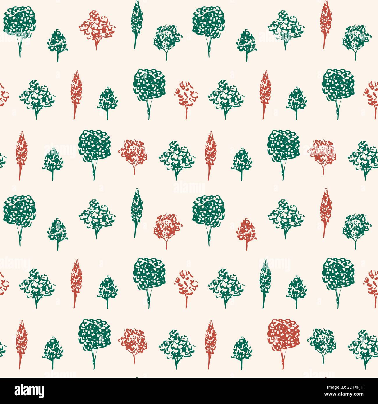 Grüne und rote Bäume Vektor Hand gezeichnet Hintergrund. Wald nahtloses Muster für Geschenkpapier und Geschenkdesigns Stock Vektor