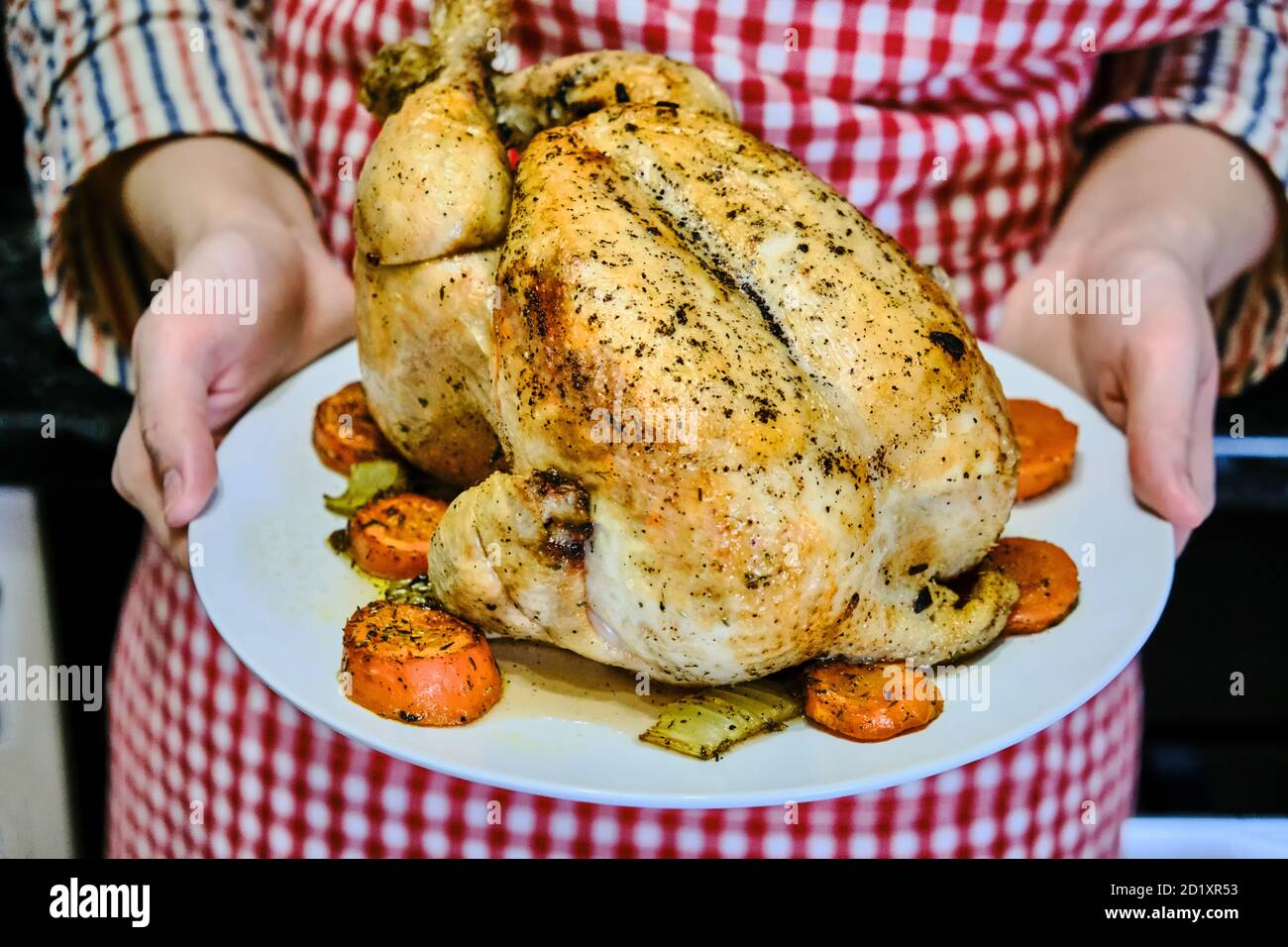 Frauen Hände halten auf einem Teller gegrilltes Huhn. Serviert auf einem festlichen Tisch gebraten. Frau hält ein Gericht mit einem gebackenen Vogel im Ofen. Stockfoto