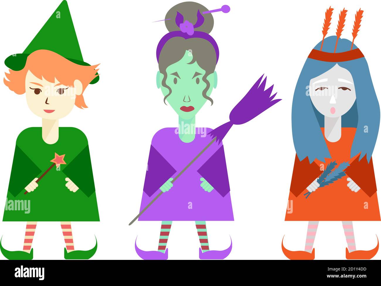 Set von drei bunten Comic-Figuren, Avatare von farbigen Halloween Magie Mädchen Stock Vektor